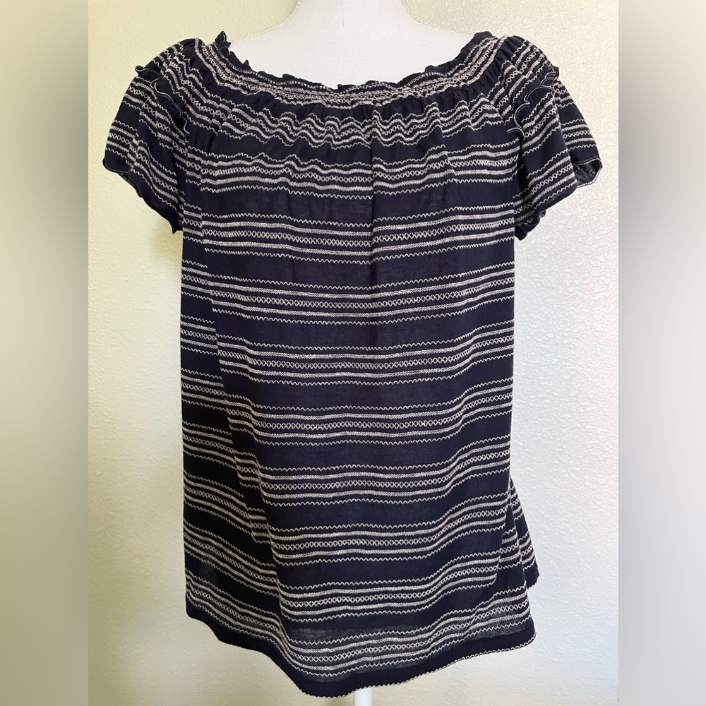Max Studio Navy Blue and White Top with Flutter Sleeves Size: Med/Large